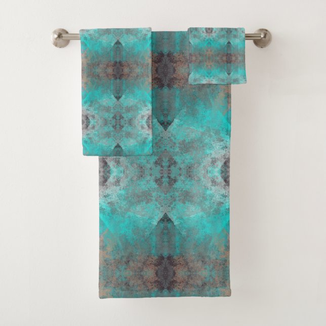 Aqua and Grey Geometric Pattern Towel Set (Insitu)