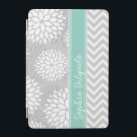 Aqua and Grey Monogram Chevron and Floral iPad Mini Cover<br><div class="desc">Cute girly mixed pattern design with preppy zigzag chevron stripes and modern chrysanthemum flowers. Contrasting rugby stripe ribbon with your personalised monogram name or initials. Click Customise It to change monogram font and colour to create your own unique one of a kind design.</div>