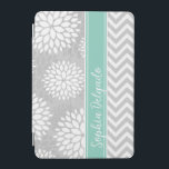 Aqua and Grey Monogram Chevron and Floral iPad Mini Cover<br><div class="desc">Cute girly mixed pattern design with preppy zigzag chevron stripes and modern chrysanthemum flowers. Contrasting rugby stripe ribbon with your personalised monogram name or initials. Click Customise It to change monogram font and colour to create your own unique one of a kind design.</div>