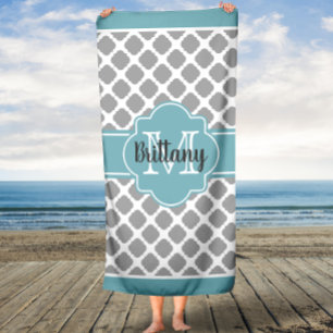 Aqua and Grey Quatrefoil Monogrammed Bath Towel