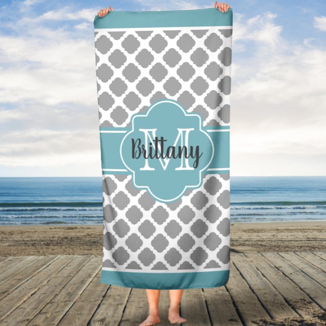 Aqua and Grey Quatrefoil Monogrammed Bath Towel (Creator Uploaded)