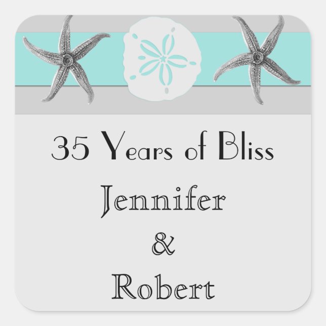 Aqua and Grey Starfish Sand Dollar Envelope Seal (Front)