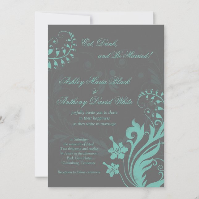 Aqua and Grey Vintage Floral Wedding Invitation (Front)