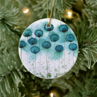 Aqua and Grey Watercolor Flowers Ceramic Tree Decoration