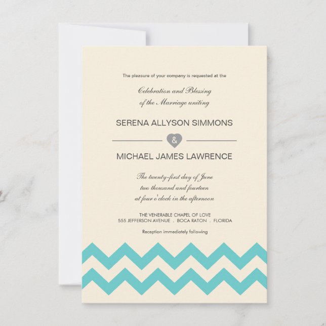Aqua and Ivory Chevron Wedding Invitations (Front)