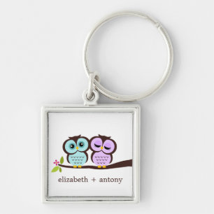 Aqua and Lavender Owls Key Ring