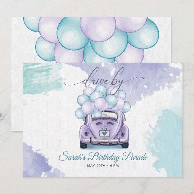 Aqua and Lilac Surprise DriveBy Birthday Invitation (Front/Back)