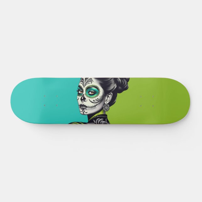 Aqua and Lime Day of the Dead Woman Skateboard (Horz)