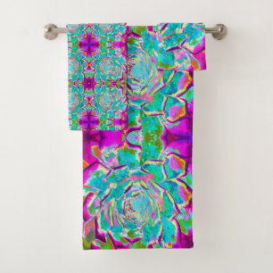 Aqua and Magenta Succulent Sedum Rosette Bath Towel Set