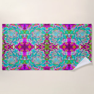 Aqua and Magenta Succulent Sedum Rosette Beach Towel