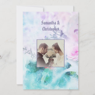 Aqua and Mauve abstract wedding photo invitation