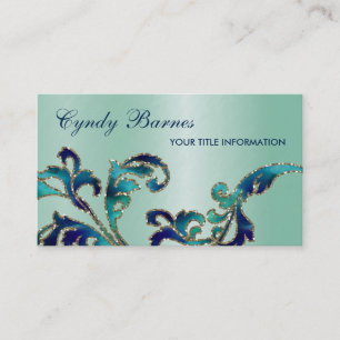 Aqua and Navy Damask Business Card