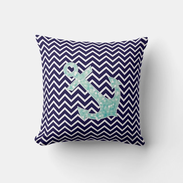 Aqua and Navy Nautical Glitter Sparkles Anchor Cushion (Front)