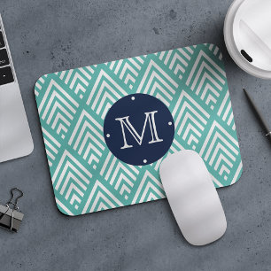 Aqua and Navy Preppy Diamond Chevron Monogram Mouse Mat