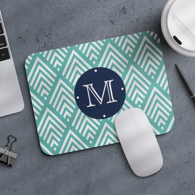 Aqua and Navy Preppy Diamond Chevron Monogram Mouse Mat (Creator Uploaded)