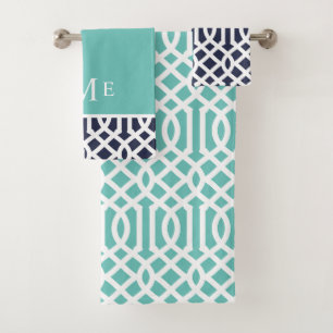 Aqua and Navy Trellis Monogram Bath Towel Set