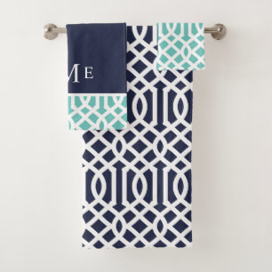 Aqua and Navy Trellis Monogram Bath Towel Set
