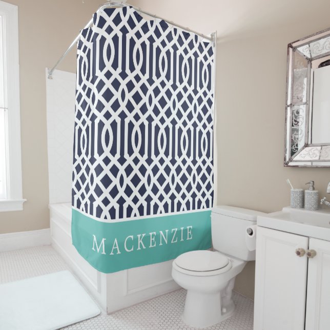Aqua and Navy Trellis Monogram Shower Curtain (In Situ)