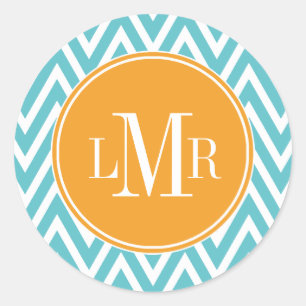 Aqua and Orange Chevrons Monogram Classic Round Sticker