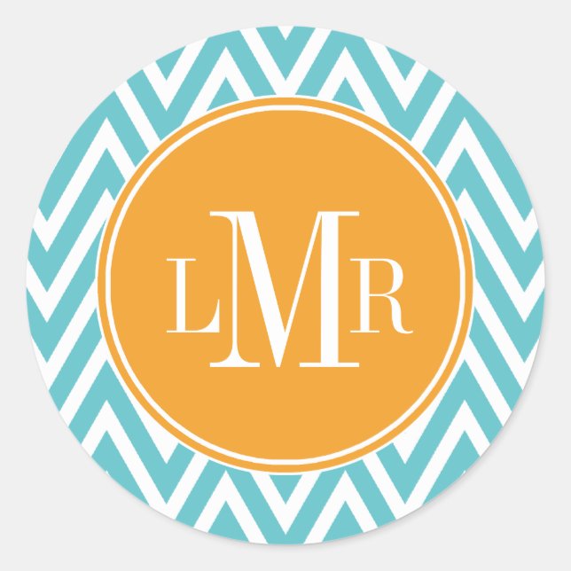Aqua and Orange Chevrons Monogram Classic Round Sticker (Front)