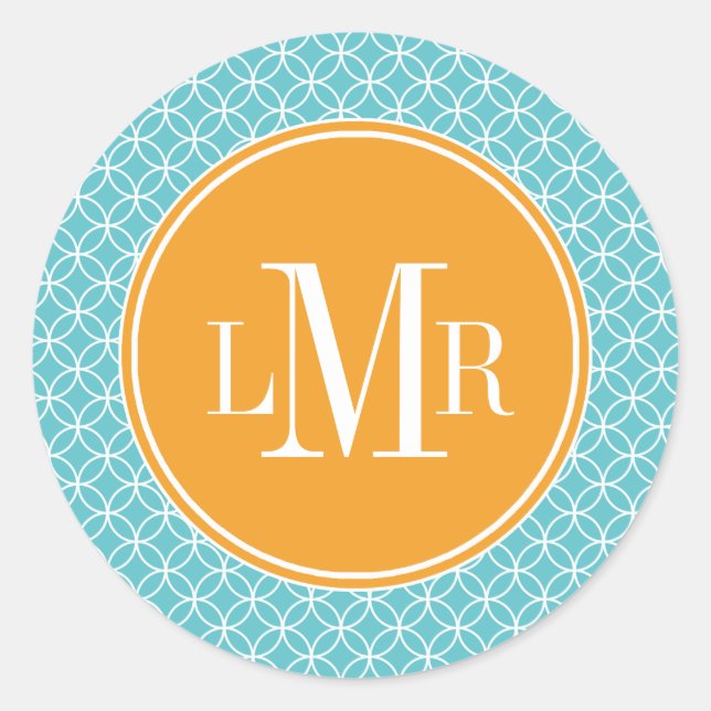 Aqua and Orange Circles Pattern Monogram Classic Round Sticker (Front)