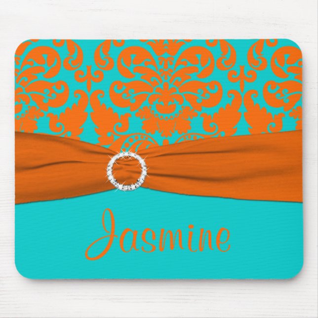 Aqua and Orange Damask Mousepad (Front)