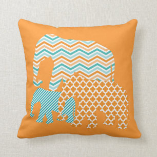 Aqua and Orange Elephants Throw Pillow