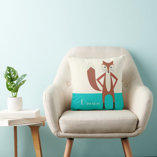 Aqua and Orange Personalised Stylised Fox Pillow (Chair)