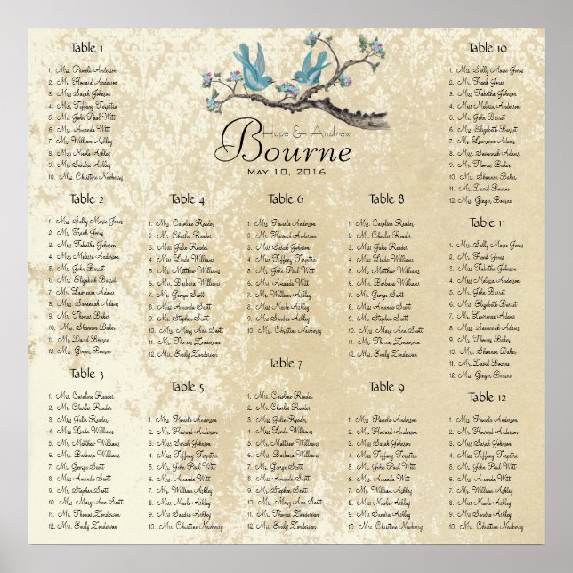 Aqua and Pink birds on branch seating chart (Front)