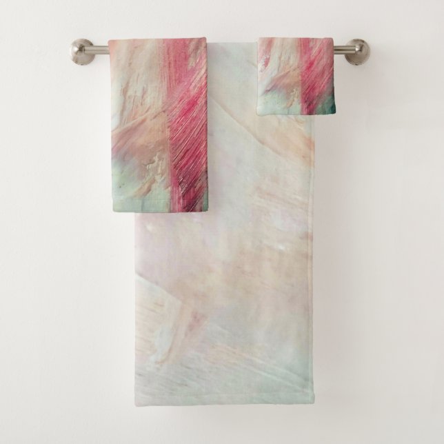 Aqua and Pink Brush Stroke Abstract Bath Towel Set (Insitu)