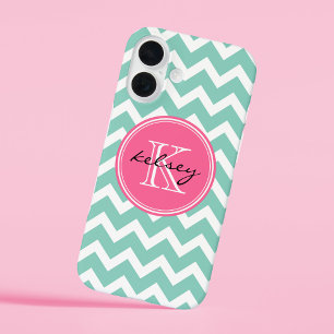 Aqua and Pink Chevron Custom Monogram iPhone 16 Case