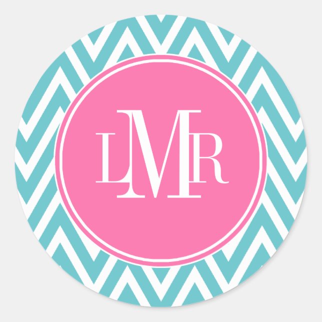 Aqua and Pink Chevrons Monogram Classic Round Sticker (Front)