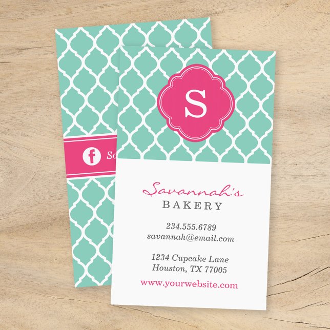 Aqua and Pink Chic Moroccan Lattice Monogram Business Card (Creator Uploaded)