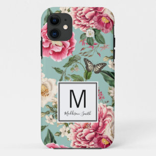 Aqua and Pink Floral Flower Garden Add Your Name iPhone 11 Case
