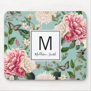 Aqua and Pink Floral Flower Garden Add Your Name Mouse Mat