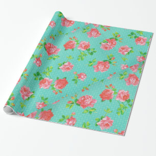 Aqua and Pink Floral Print Wrapping Paper