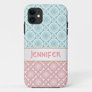 Aqua and Pink Girly Geometric Design Personalised iPhone 11 Case