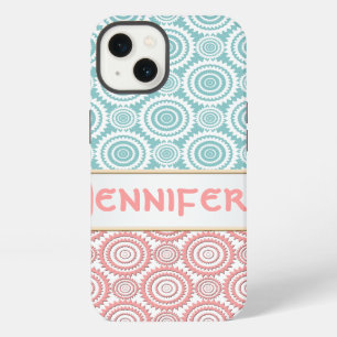 Aqua and Pink Girly Geometric Design Personalised iPhone 13 Case