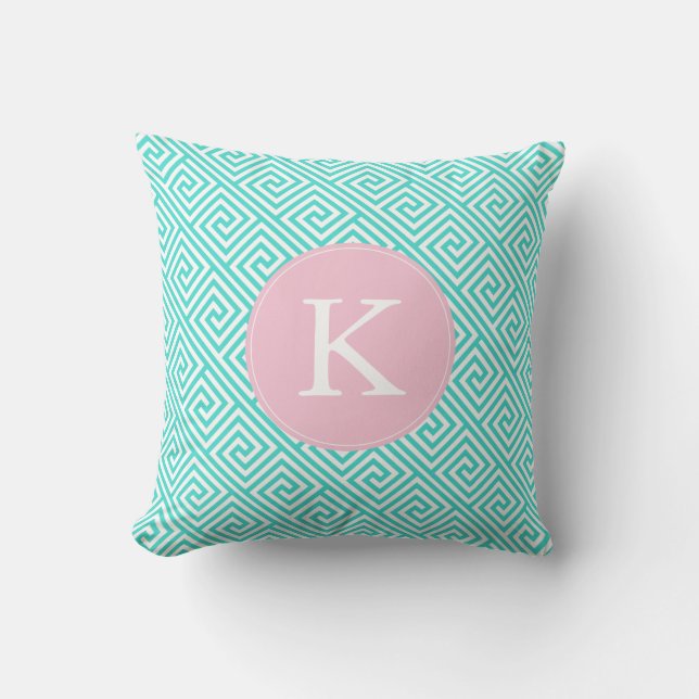 Aqua and Pink Greek Key Pattern Monogram Cushion (Front)