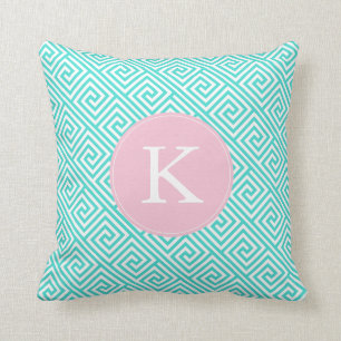 Aqua and Pink Greek Key Pattern Monogram Cushion