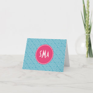 Aqua and Pink Greek Key Pattern Monogram Note Card
