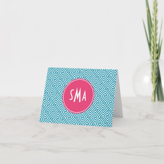 Aqua and Pink Greek Key Pattern Monogram Note Card (Front)