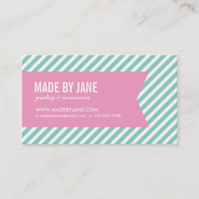 Aqua and Pink Modern Stripes and Ribbon Business Card (Front)