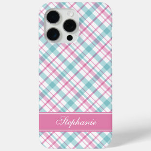 Aqua and Pink Plaid Pattern iPhone 15 Pro Max Case