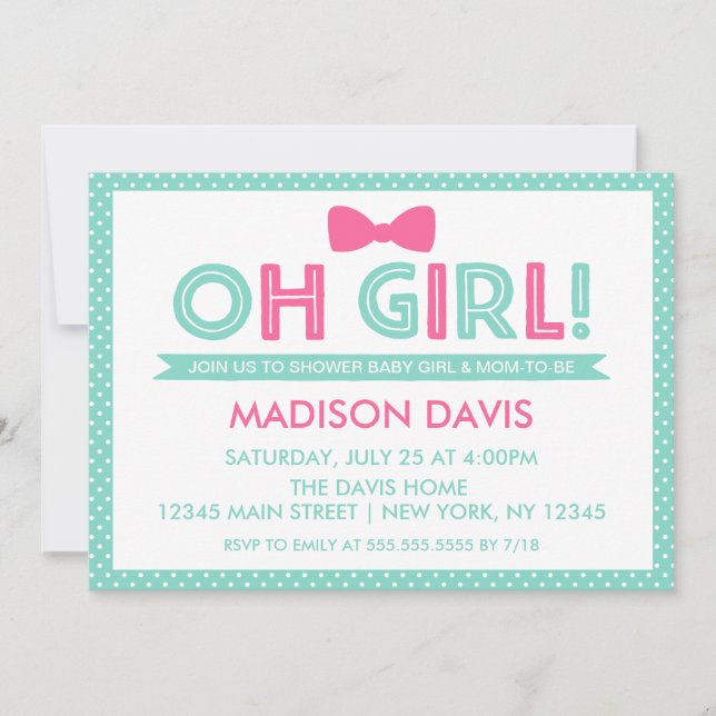 Aqua and Pink Polka Dot Oh Girl Baby Shower Invitation (Front)