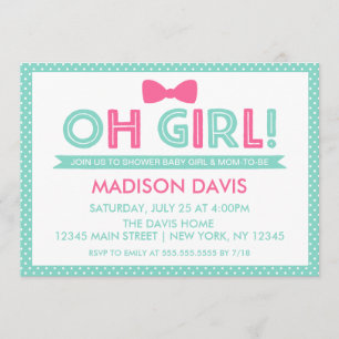 Aqua and Pink Polka Dot Oh Girl Baby Shower Invitation