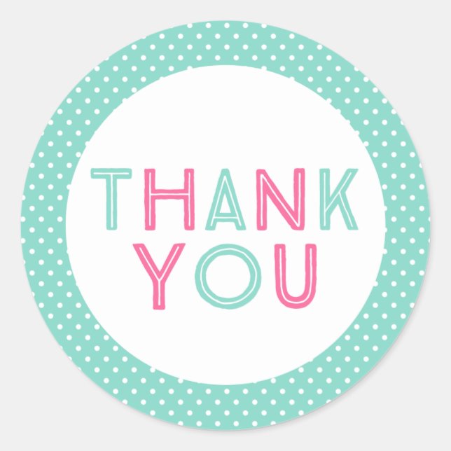 Aqua and Pink Polka Dot Thank You Classic Round Sticker (Front)