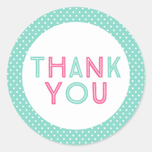 Aqua and Pink Polka Dot Thank You Classic Round Sticker