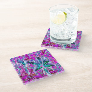 Aqua and Purple Abstract Oriental Lily Flowers Glass Coaster