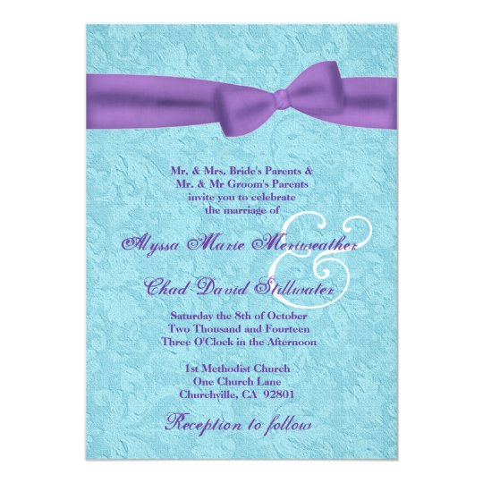 Aqua and Purple Damask and Bow Wedding R541 Card